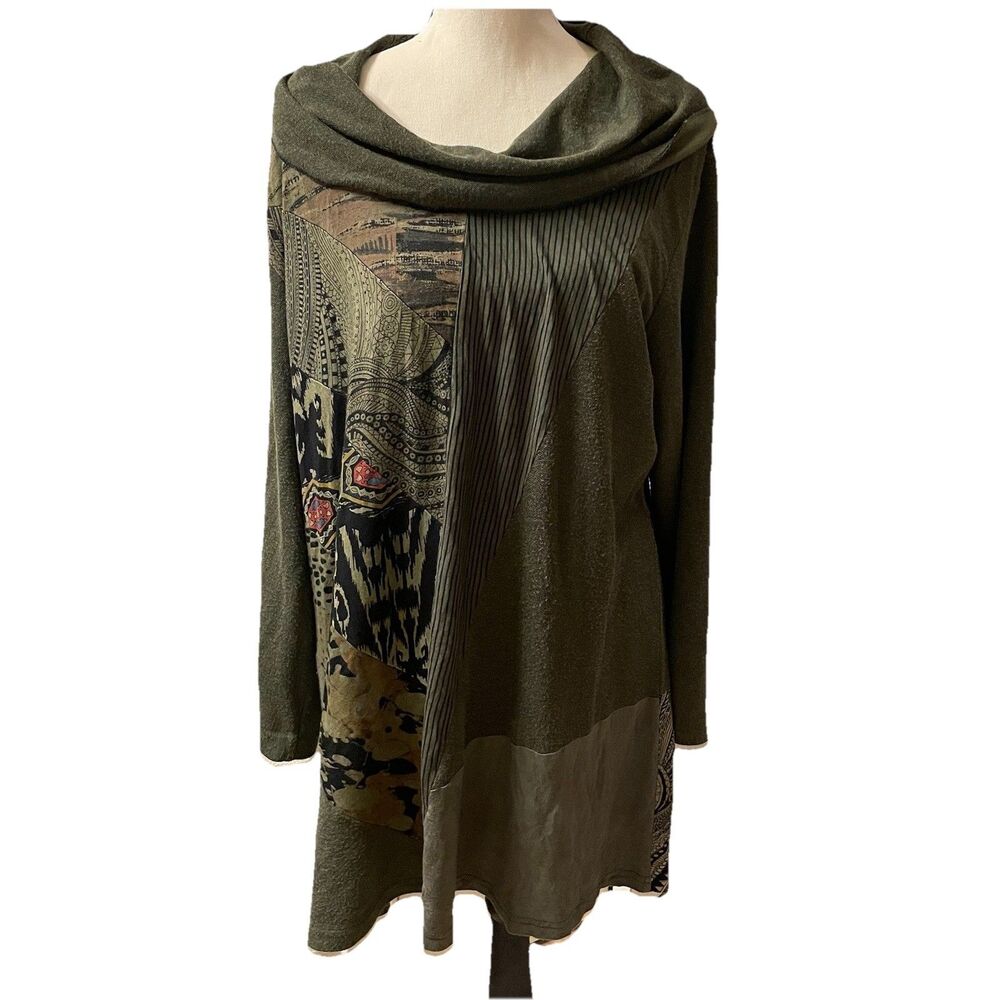 Parsley & Sage Boho Patchwork Tunic Top Lagenlook Art to Wear Olive Green Plus